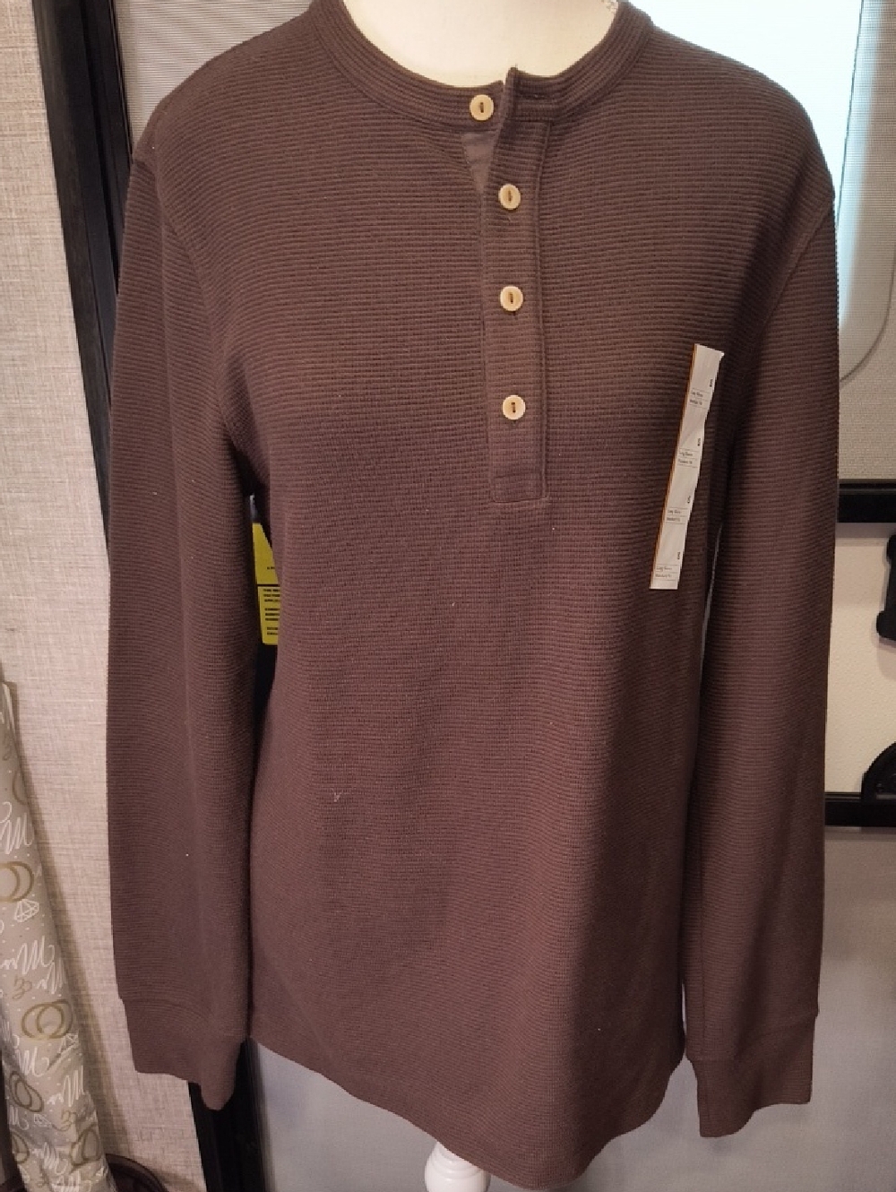 Goodfellow Small Brown Waffle Knit Henley Long Sleeve Shirt